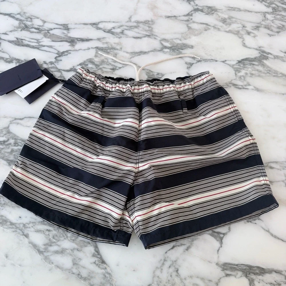 Prada UB378 Men's Large Navy Blue White striped technical fabric swim trunks